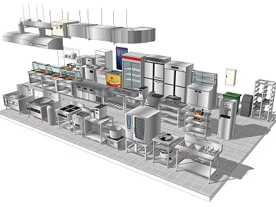 Commercial Kitchen Setup With Various Stainless Steel Kitchen Appliances And Equipment 3d model
