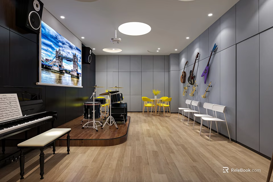 Music Instrument Specialty Store With Piano Drum Set Wall Guitars Yellow White Chairs Wooden Floor 3d model 