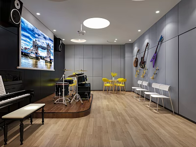 Music Instrument Specialty Store With Piano Drum Set Wall Guitars Yellow White Chairs Wooden Floor 3d model