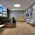 Music Instrument Specialty Store With Piano Drum Set Wall Guitars Yellow White Chairs Wooden Floor