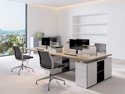 Modern Spacious Public Office Space Featuring Long Desk Computer Monitors Office Chairs Large Windows 3d model