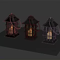 Three Traditional Metal Lanterns With Grid Panels And Lit Candle On Gray Platform