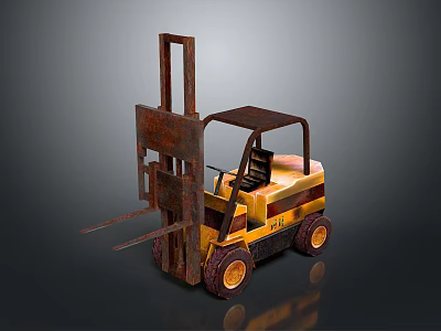 Yellow Rusty Forklift With Cab And Front Forks On Dark Surface 3d model
