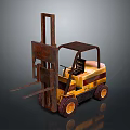 Yellow Rusty Forklift With Cab And Front Forks On Dark Surface