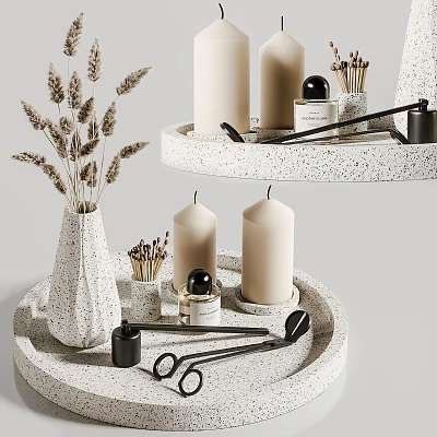 Decorative Ornament Set Featuring Speckled Trays Candles Vase Dried Plants And Small Accessories 3d model