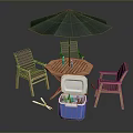 Outdoor Furniture Set Featuring Green Umbrella Hexagonal Wooden Table Four Chairs And Blue Cooler