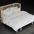 Double Bed with Wicker Headboard Light Wooden Frame and White Bedding Pillows 3d model