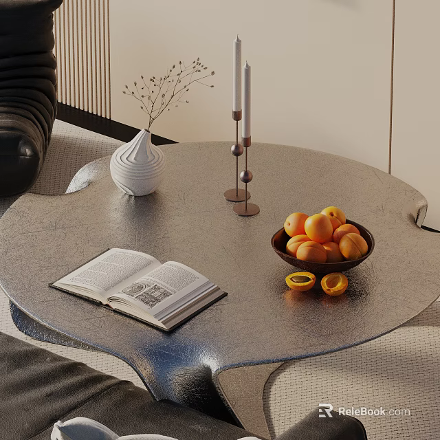 Modern Sofa and Coffee Table Set with Open Book Vase Candles and Apricot Bowl 3d model 