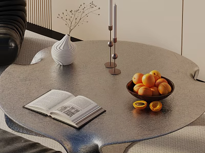 Modern Sofa and Coffee Table Set with Open Book Vase Candles and Apricot Bowl 3d model
