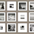 Twelve Black And White Landscape Paintings In Framed Wall 3d model