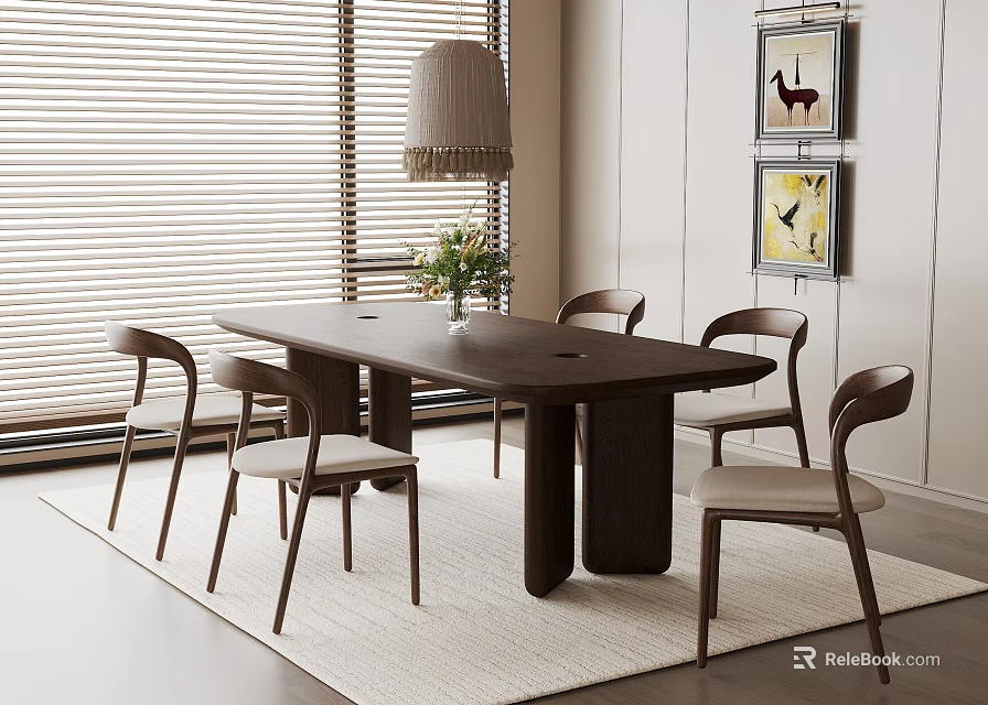 Modern Restaurant Interior With Dark Dining Table Light Chairs Green Plants Blinds And Decorative Paintings 3d model 