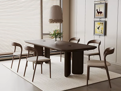 Modern Restaurant Interior With Dark Dining Table Light Chairs Green Plants Blinds And Decorative Paintings 3d model