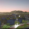 Aerial View Planning of Modern Buildings with Green Roofs Roads and Trees Near Hills and Water