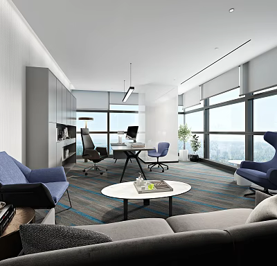 Modern Office Interior With Sofa Desk Chairs Plants And City View Windows 3d model