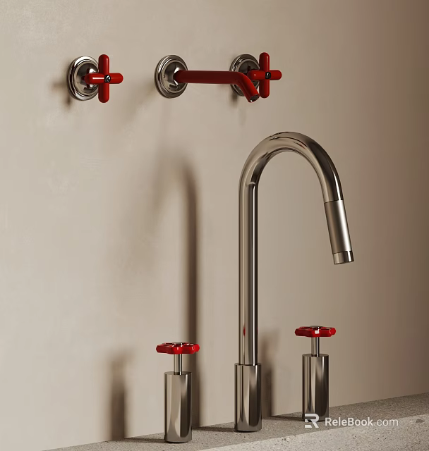 Silver Modern Faucet with Red Control Knobs Mounted on Light Colored Wall 3d model