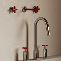 Silver Modern Faucet with Red Control Knobs Mounted on Light Colored Wall 3d model