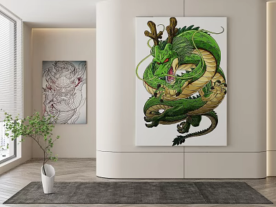 Green Dragon Art Painting With Antler Horns In Modern Interior With White Columns 3d model