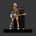 Woman Standing Playing Bass Guitar Next To Black Amplifier With Red Cup On Wooden Platform