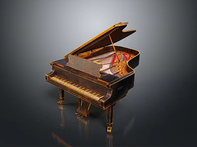 Classic Black Piano With Open Lid And Gold Accents For Home Living 3d model