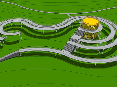 Curved Multi Level Road Infrastructure With Yellow Circular Structure And Connecting Pathways 3d model