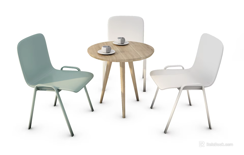 Modern Round Wooden Table and Three Chairs Set Light Green White Design with Cups 3d model 