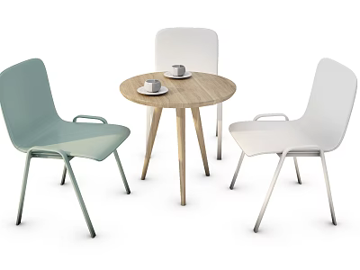Modern Round Wooden Table and Three Chairs Set Light Green White Design with Cups 3d model