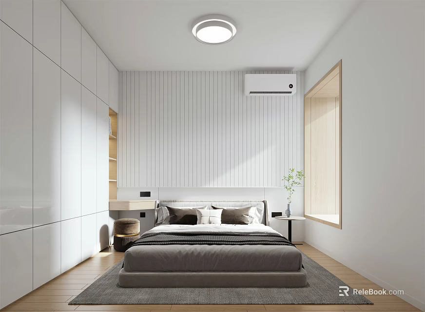Modern Bedroom Interior Design With White Wardrobes Striped Accent Wall Grey Bed And Wooden Flooring 3d model 