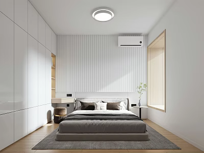 Modern Bedroom Interior Design With White Wardrobes Striped Accent Wall Grey Bed And Wooden Flooring 3d model