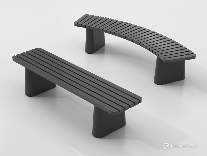 Modern Black Benches With Straight And Curved Designs Wooden Slat Seats And Solid Legs 3d model 