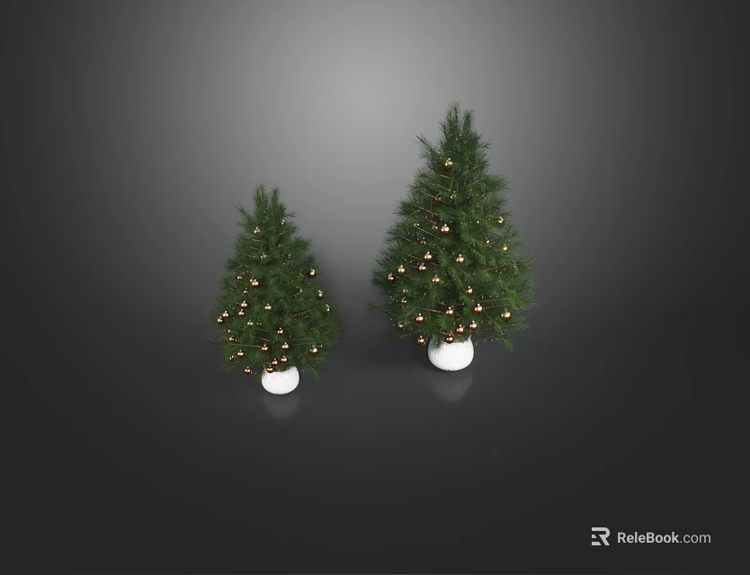 Two Large and Small Arbor Trees in White Pots With Golden Ornaments 3d model 