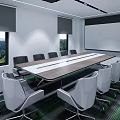 Modern Conference Room Interior With Long Table Multiple Chairs Projection Screen And Windows 3d model