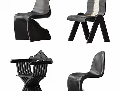 Black Leisure Chairs With Various Designs Wooden Structures And Carved Details For Home 3d model