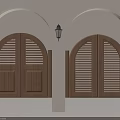 Classic Arched Door Frames Design With Wooden Louvered Doors And Wall Lamp