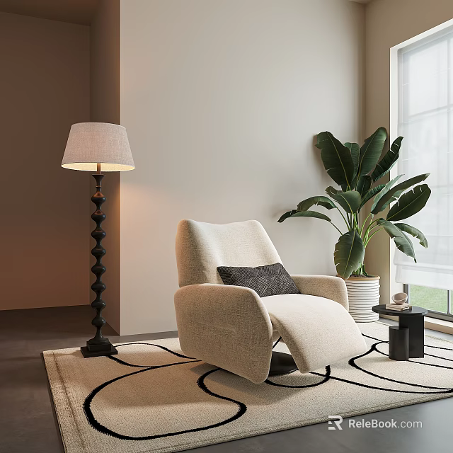Modern Beige Armchair With Dark Cushion Black Floor Lamp And Large Green Plant 3d model 