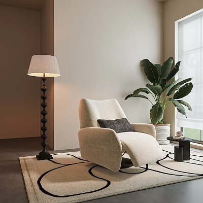 Modern Beige Armchair With Dark Cushion Black Floor Lamp And Large Green Plant 3d model