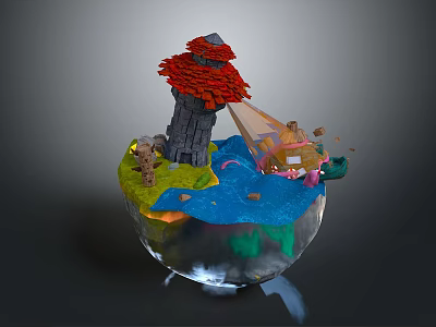 3D Crystal Sphere Model Scene With Red Tower Green Land Blue Water And Small Boat 3d model