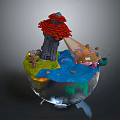 3D Crystal Sphere Model Scene With Red Tower Green Land Blue Water And Small Boat