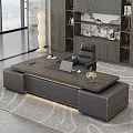 Modern Office Desk With Wooden Leather Surface Laptop Phone Vase Black Chair And Bookshelf