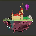 Floating Island Scenery With Red Roof Castle Hot Air Balloon Green Grass Pink Rocks Clouds