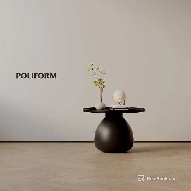 Poliform Black Side Table With Rounded Base Circular Top Small Vase Green Plant White Decor 3d model