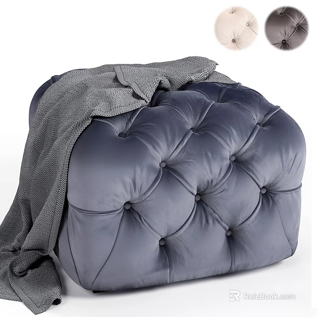 Navy Blue Leather Tufted Ottoman with Draped Gray Blanket for Living Room 3d model 
