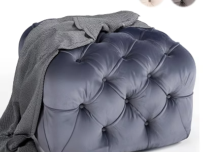 Navy Blue Leather Tufted Ottoman with Draped Gray Blanket for Living Room 3d model