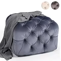 Navy Blue Leather Tufted Ottoman with Draped Gray Blanket for Living Room
