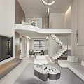 Modern Duplex Living Room with Staircase White Sofa Round Coffee Table Blue Chair Windows Chandelier