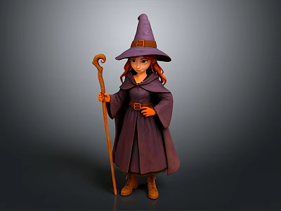 Man In Purple Wizard Hat And Robe Holding Wooden Staff With Red Hair 3d model