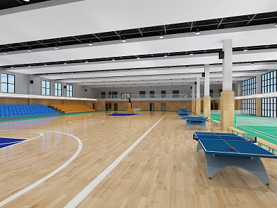 Spacious Basketball Gymnasium With Wooden Floor Blue Yellow Bleachers And Ping Pong Tables 3d model
