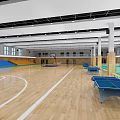 Spacious Basketball Gymnasium With Wooden Floor Blue Yellow Bleachers And Ping Pong Tables
