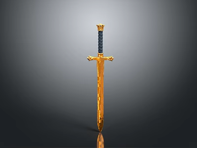 Golden Decorative Sword with Blue Hilt and Crown Pommel on Black Background 3d model