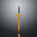 Golden Decorative Sword with Blue Hilt and Crown Pommel on Black Background