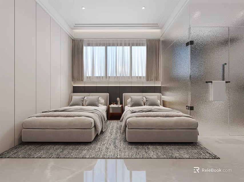Modern Hotel Guest Room With Twin Beds Window Nightstand And Soft Rug 3d model 